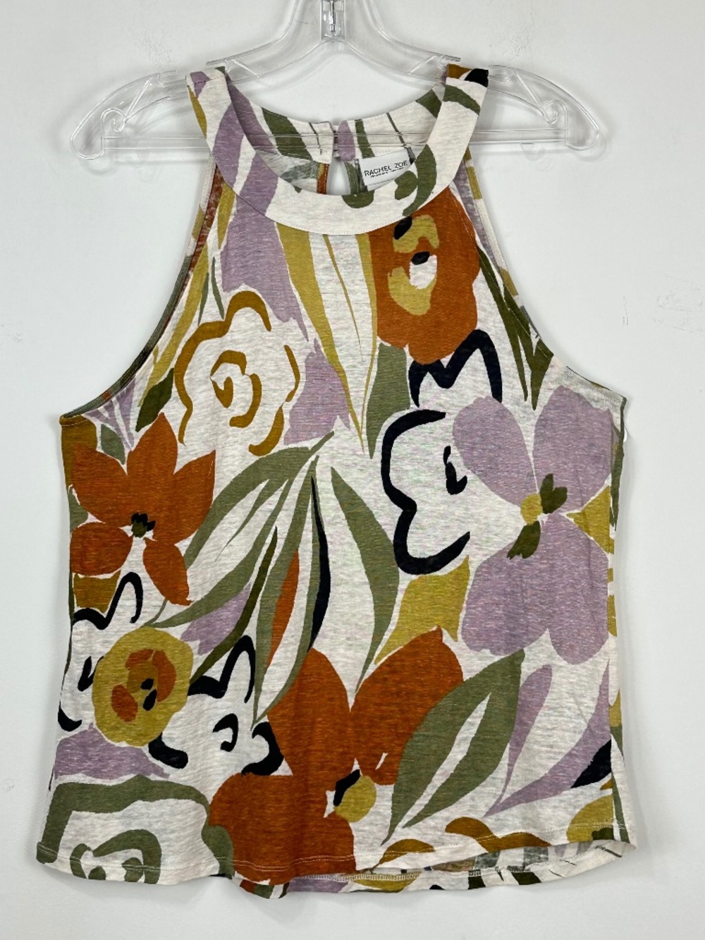 Rachel Zoe 100% Linen Floral Sleeveless Tank Top L Beach Boho Colorful